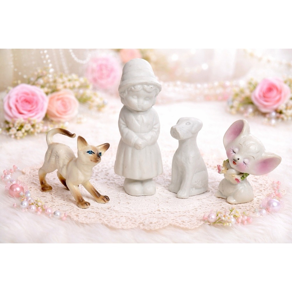 Lot of 4 Vintage Miniature Porcelain / Bisque Figurines Girl - Dog - Mouse - Cat